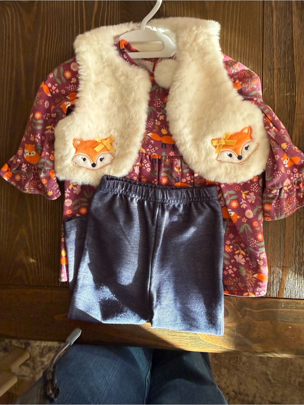 Baby Essentials Purple Floral Fox Vest Two-Piece Set with Cream Faux Fur